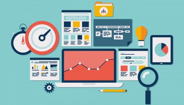 Flat design vector illustration icons set of website SEO optimization programming process and web analytics elements. Isolated on turquoise background